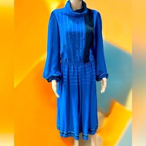 1980s Donna Morgan royal blue true vintage satin Career modesty Dress-L